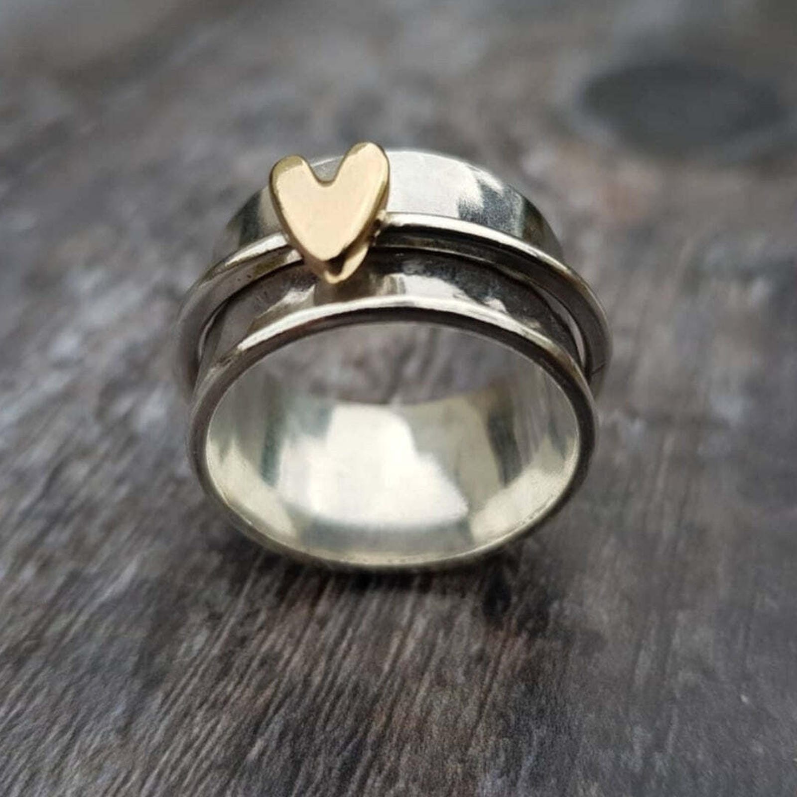 Heart Ring with Wide Silver-Toned Band and Gold-Tone Accent