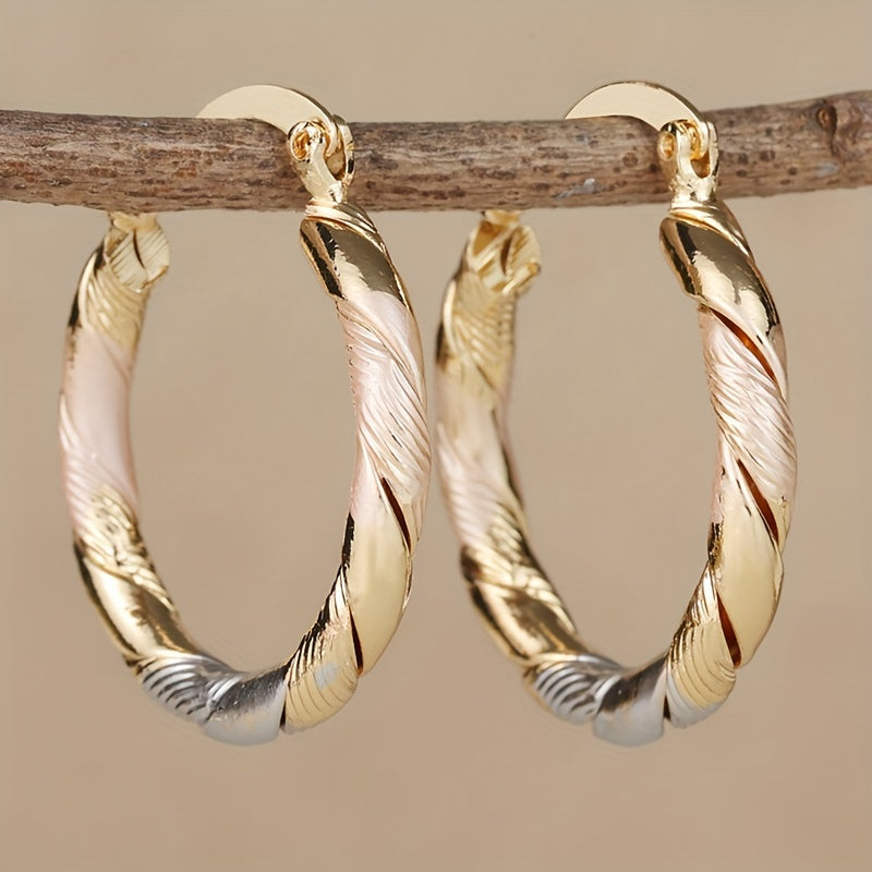 Chunky Twisted Tri-Tone Gold Hoop Earrings