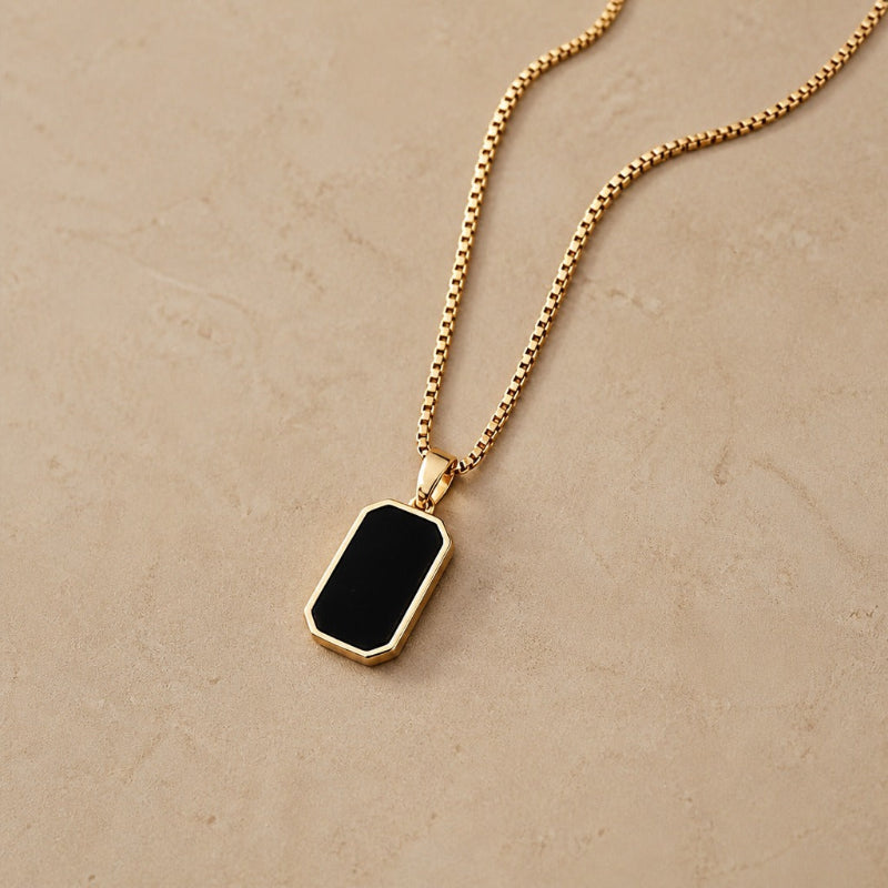 Rectangular Black Stone Pendant Necklace with Adjustable Box Chain — view 2