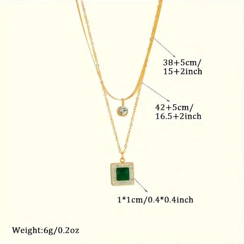 Square Emerald Pendant Necklace with Rhinestone Halo and Layered Chains