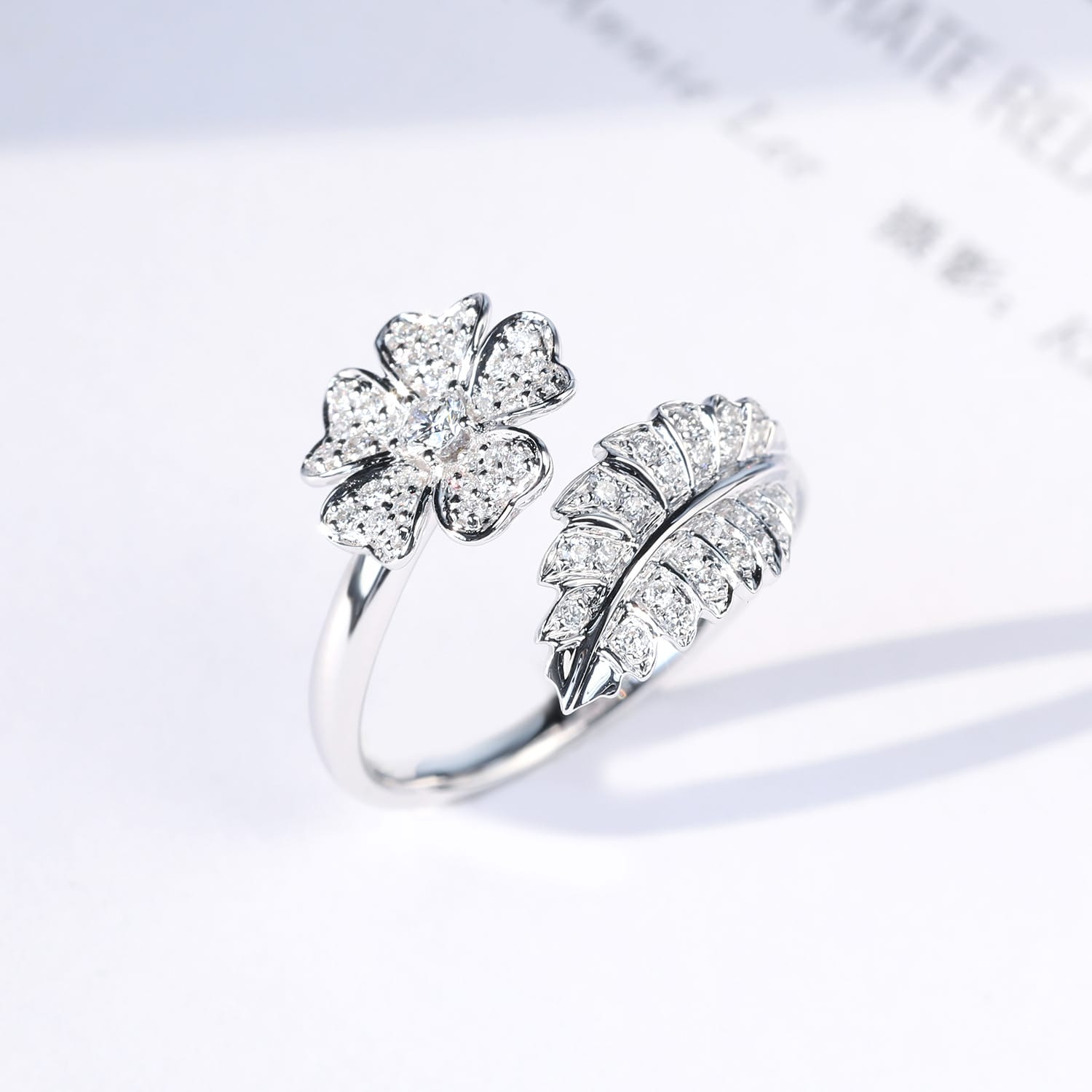 Flower and Leaf Cubic Zirconia Cocktail Ring, Adjustable Size