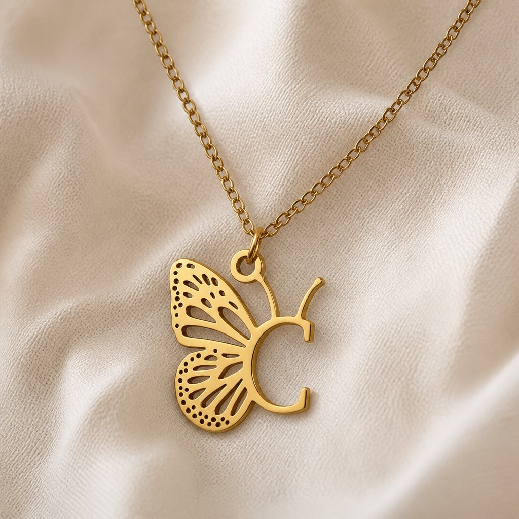 Butterfly Initial Letter Pendant Necklace with Filigree Wings, Gold or Silver Tone — view 6