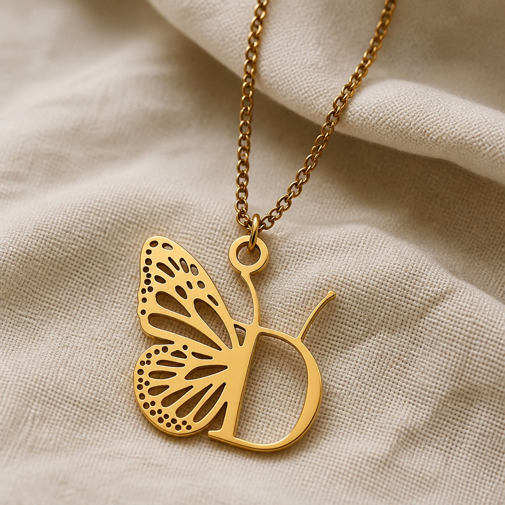 Butterfly Initial Letter Pendant Necklace with Filigree Wings, Gold or Silver Tone — view 8