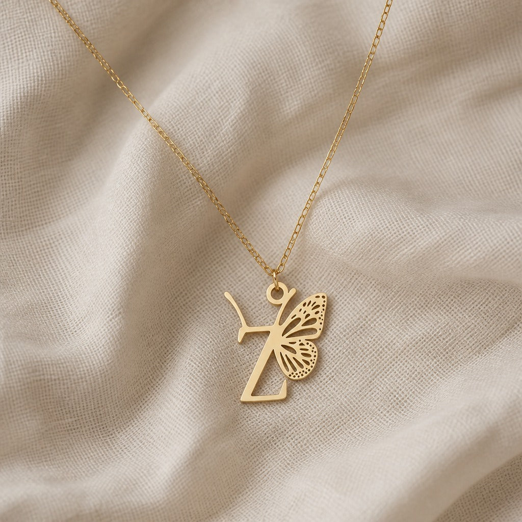 Butterfly Initial Letter Pendant Necklace with Filigree Wings, Gold or Silver Tone — view 52