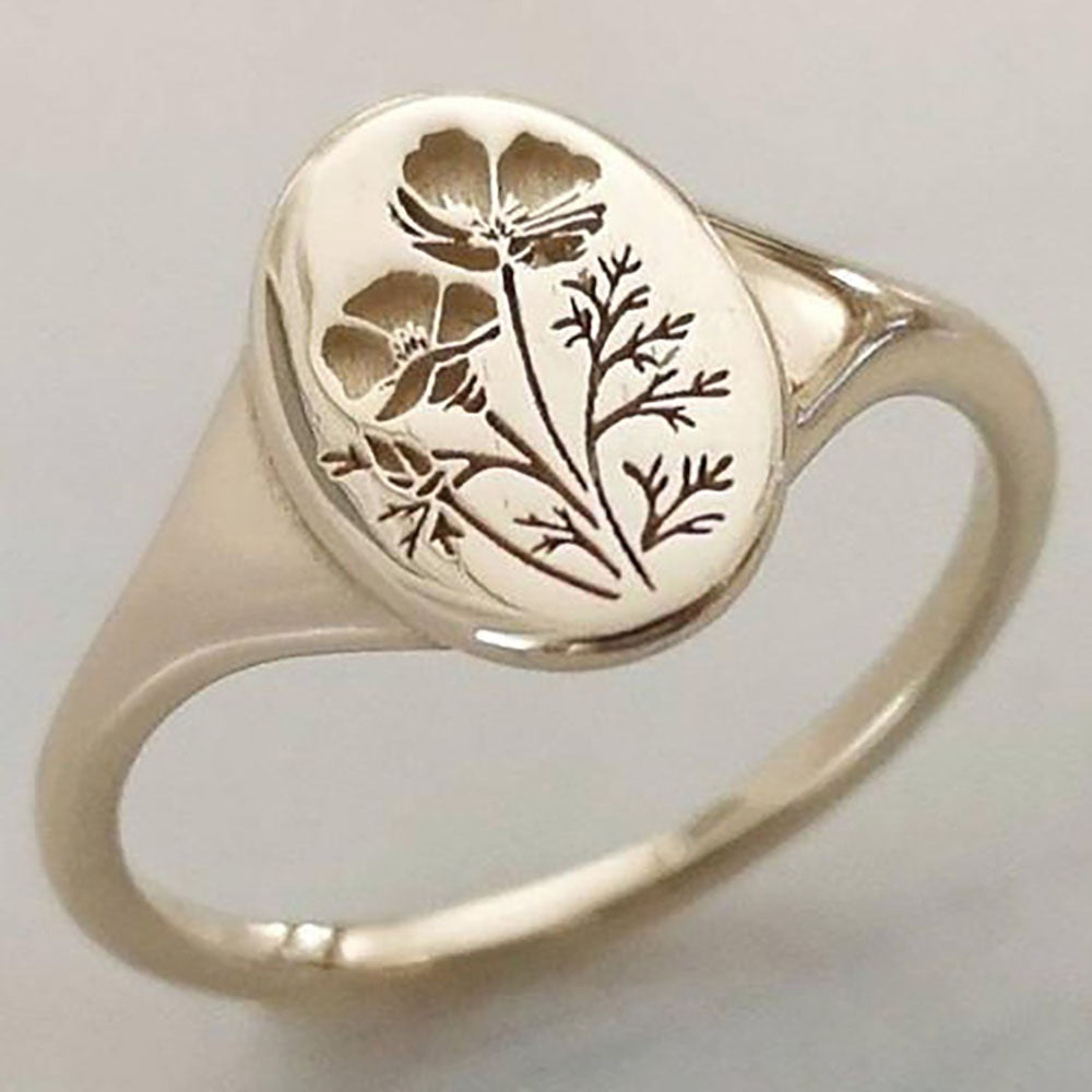 Oval Signet Ring with Wildflower and Leaf Engraving
