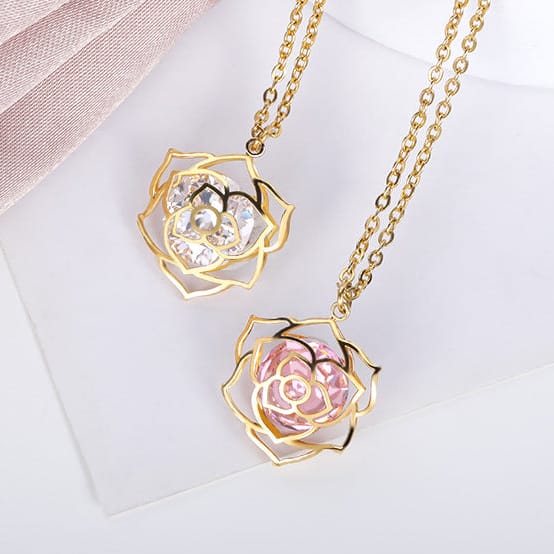 Rose Flower Pendant Necklace with Crystal Accents, Gold-Tone Chain
