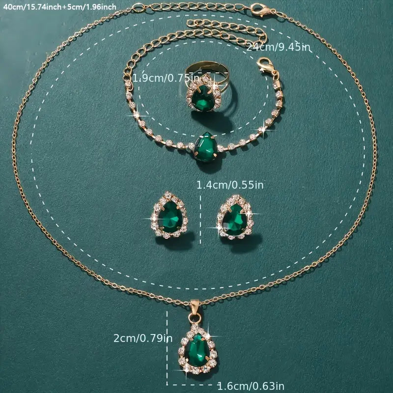 Pear-Shaped Emerald-Green Jewelry Set with Rhinestone Halo Accents – Necklace, Bracelet, Ring & Earrings