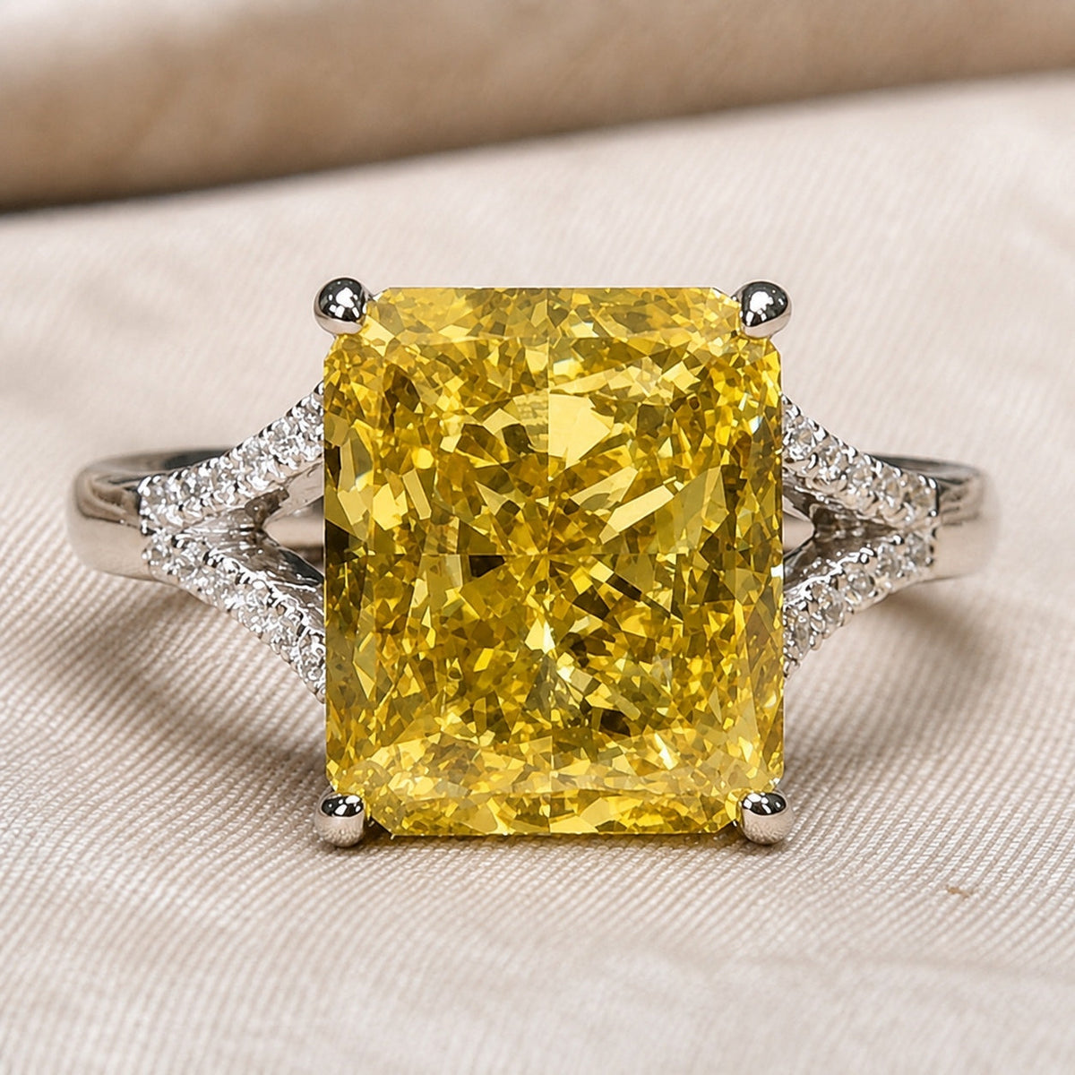 Cushion-Cut Yellow Gemstone Ring with Split Shank Accents — main image