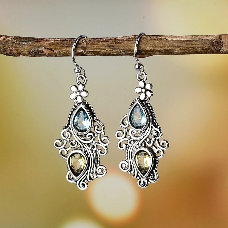 Teardrop Crystal Drop Earrings with Silver Filigree Scrollwork