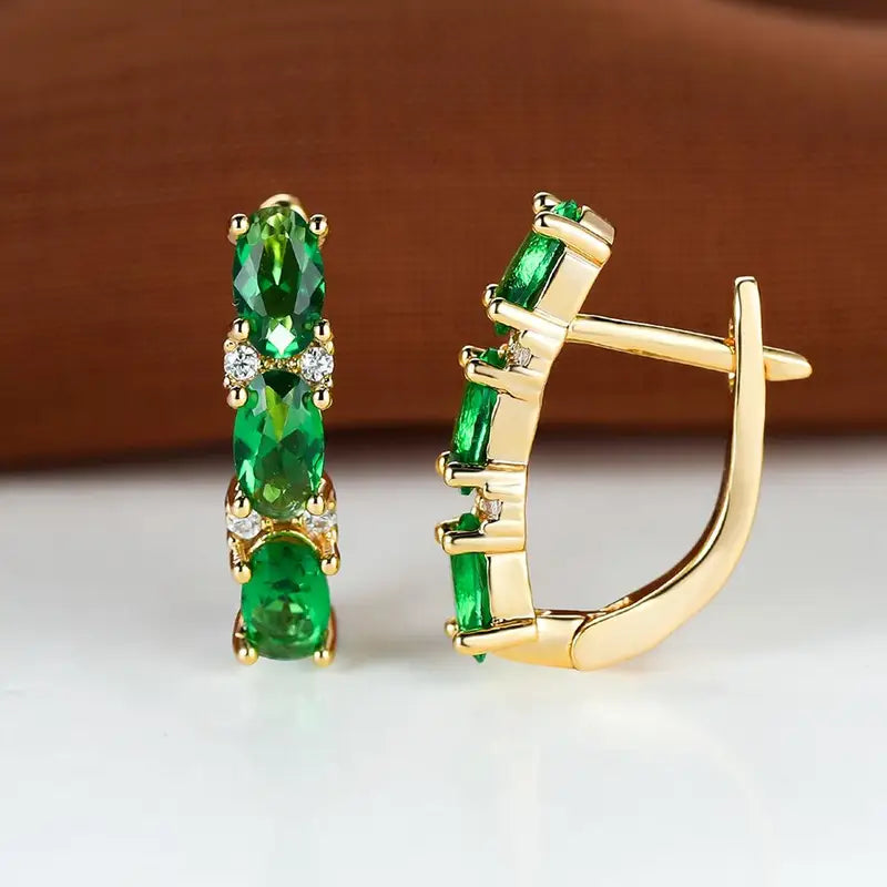 Stacked Emerald Hoop Earrings with White Crystal Accents in Gold Tone