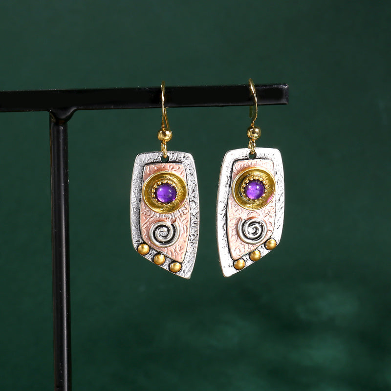 Purple Stone Dangle Earrings with Gold-Tone Spiral Detail
