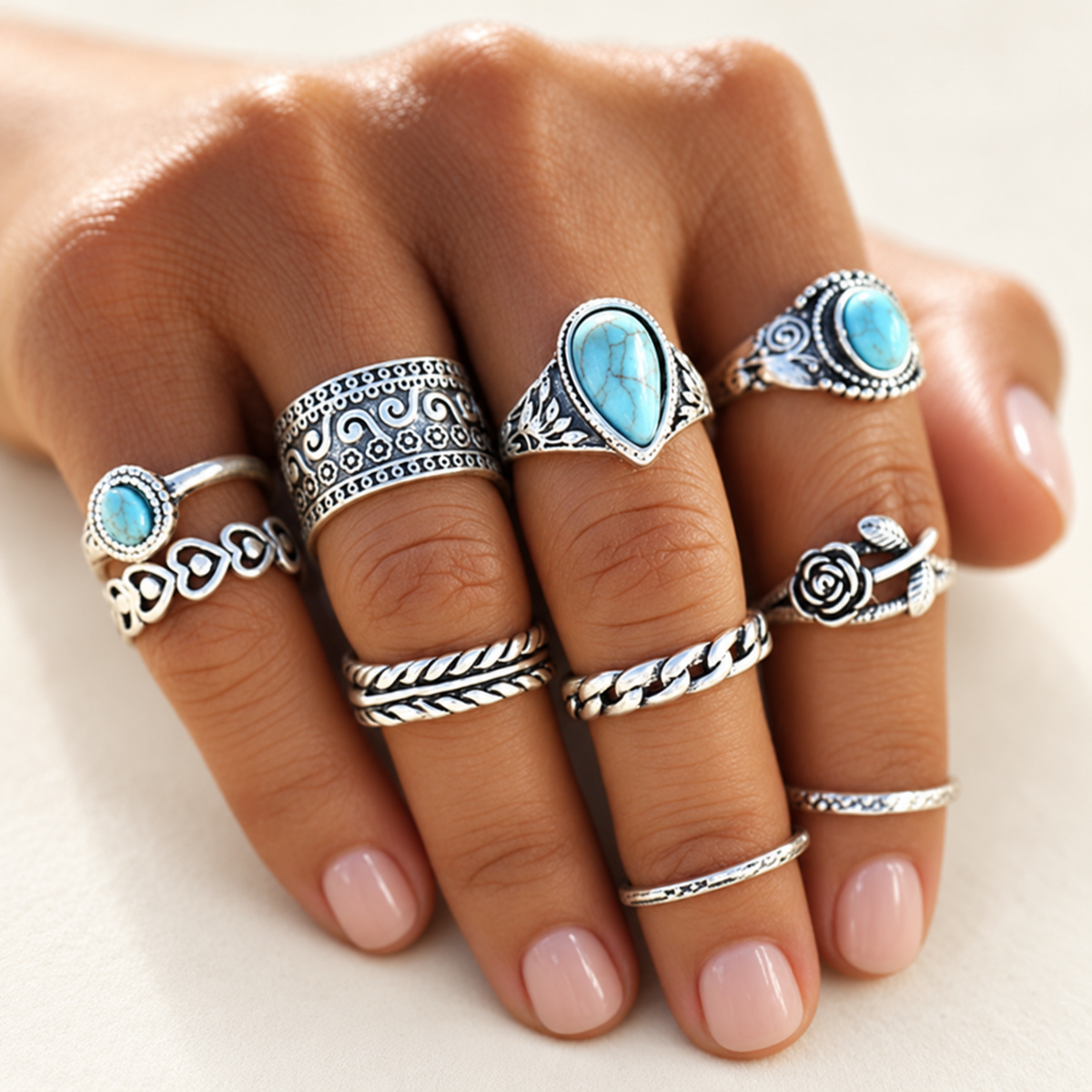turquoise 10 piece set joint combination ring — lifestyle