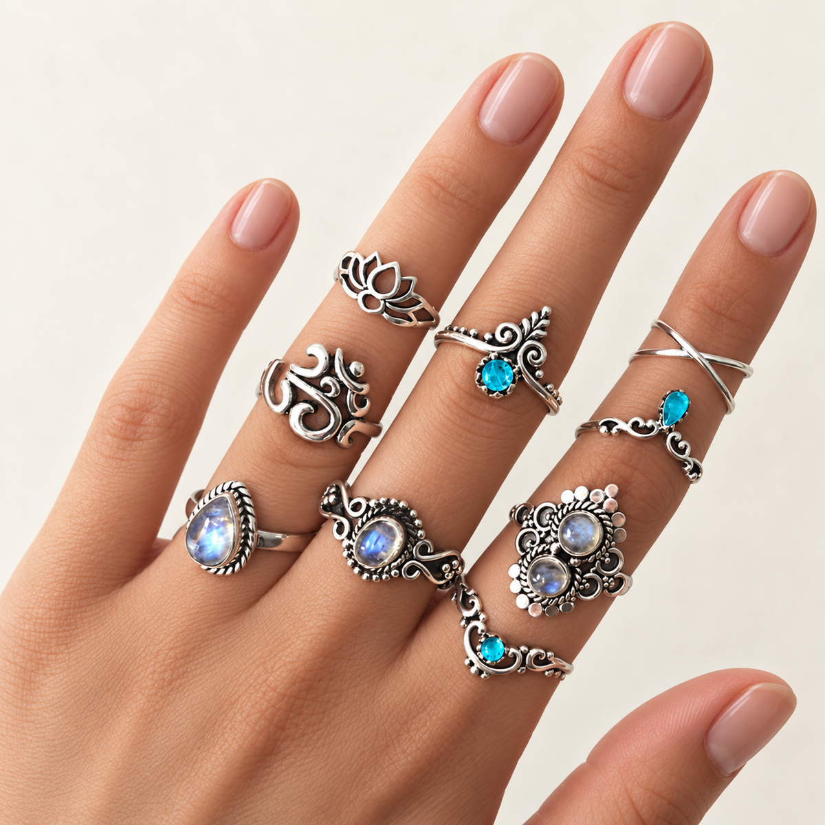 blue floral ring set 9 pieces — lifestyle