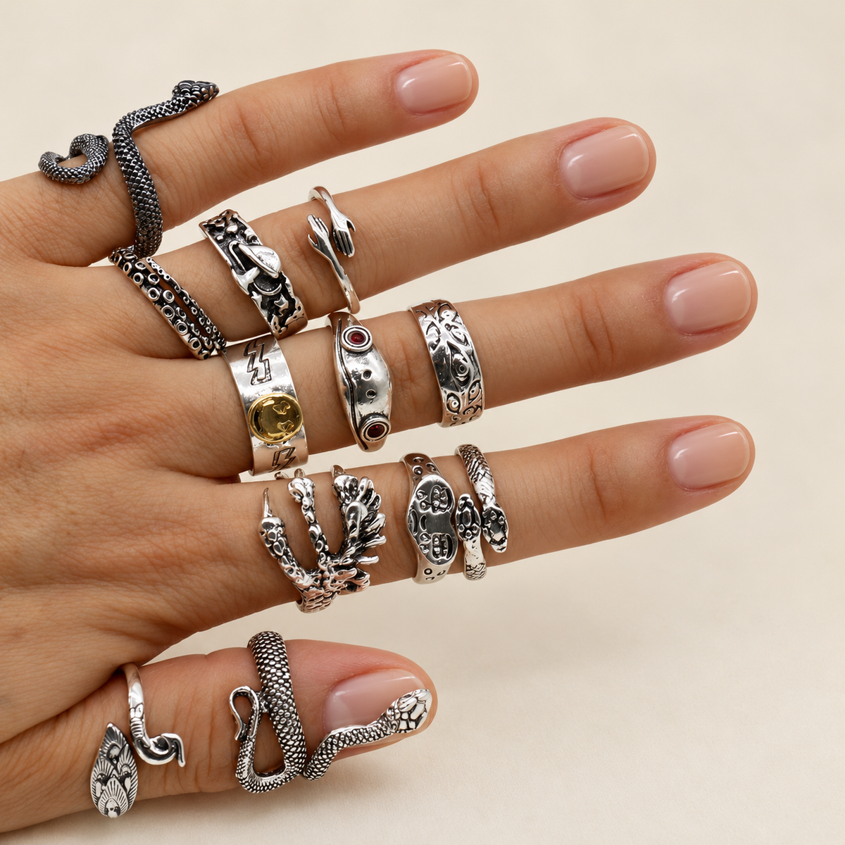 antique silver tone statement ring set 12 pieces — lifestyle