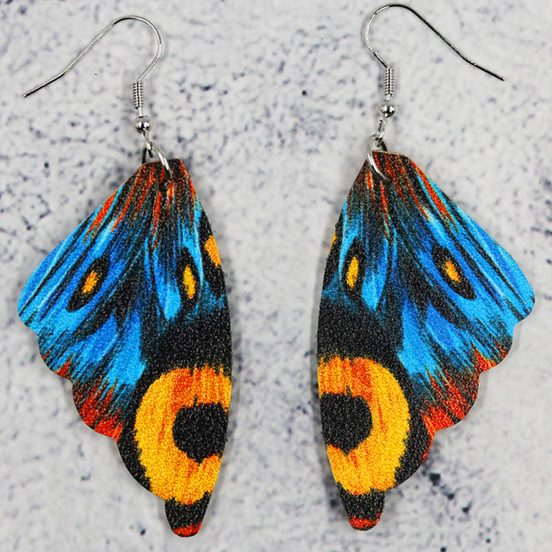 Blue Butterfly Wing Drop Earrings - PU Leather, Scalloped Edge Design