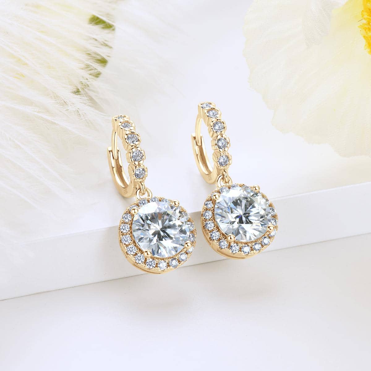 Round Moissanite Drop Earrings with Halo Setting and Leverback Closure — view 3