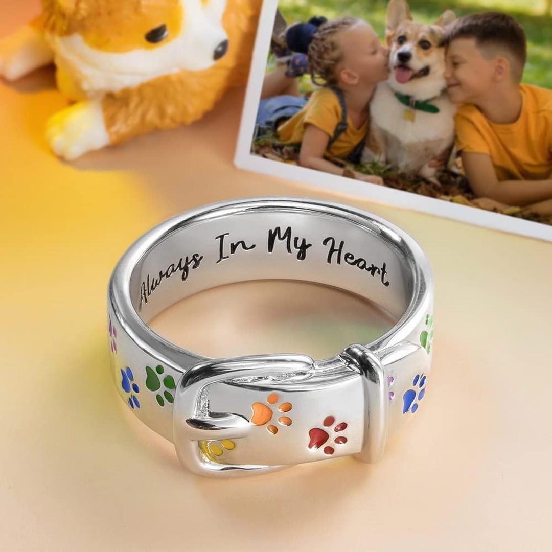 Multicolor Paw Print Collar Ring, Engraved Memorial Band, Adjustable — main image