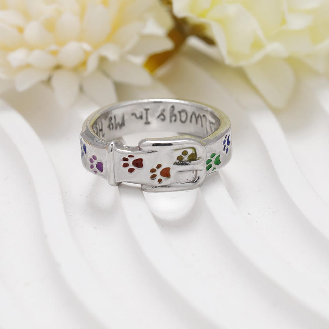 Multicolor Paw Print Collar Ring, Engraved Memorial Band, Adjustable — view 2