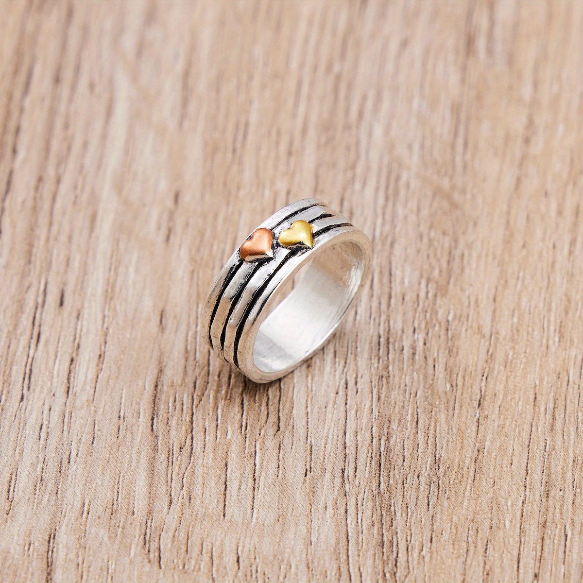 Layered Heart Charm Ring with Copper and Gold-Tone Accents, Adjustable Fit — view 2