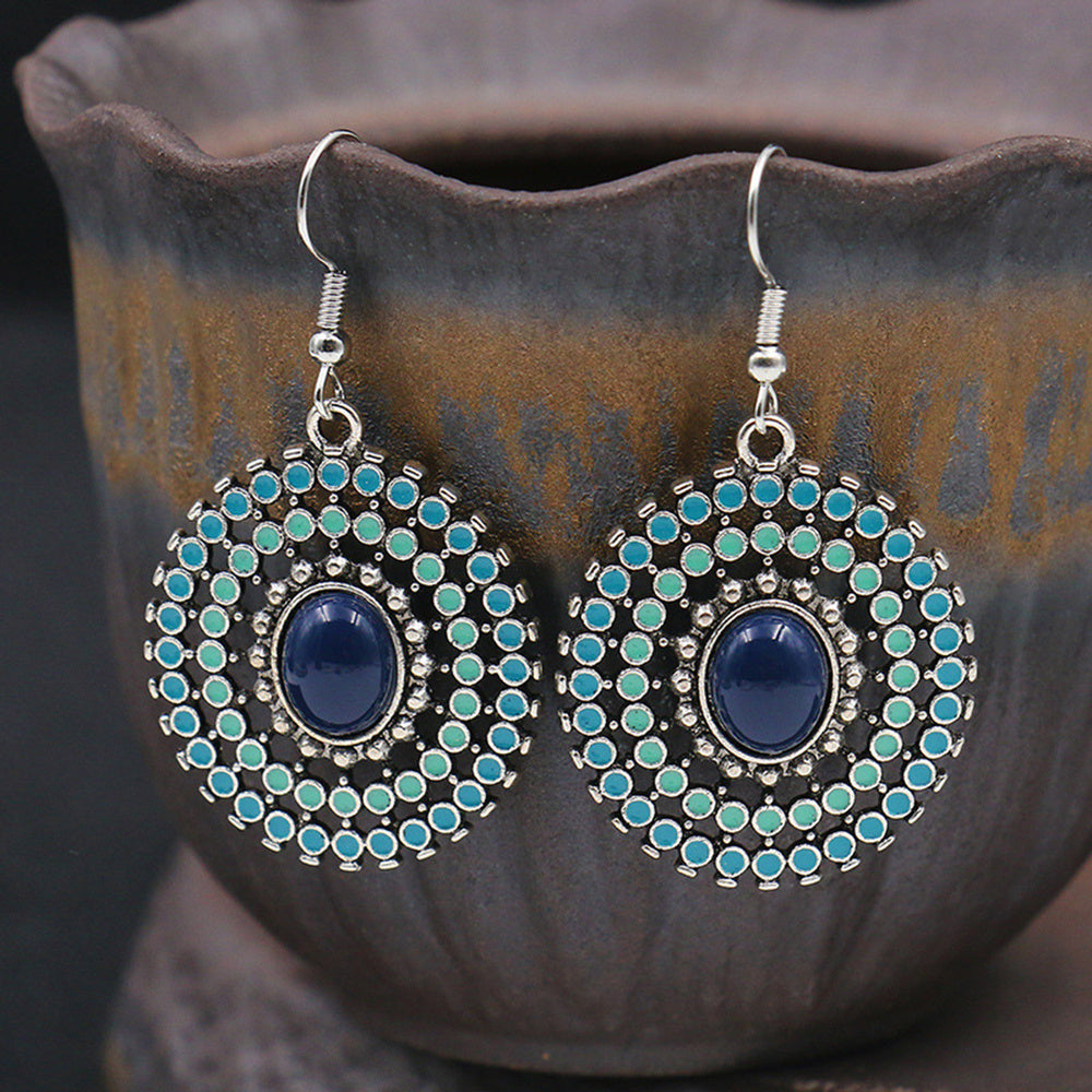 Mandala Circle Drop Earrings with Glass Cabochon Stone Inlay