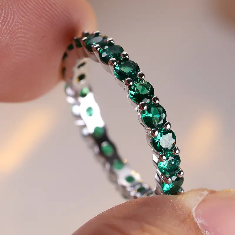 Emerald Eternity Ring, Round-Cut Green Stones, Silver-Tone Band