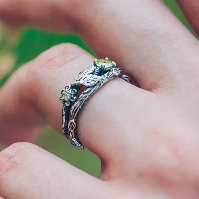Green Cubic Zirconia Branch Ring with Leaf Detail — view 2