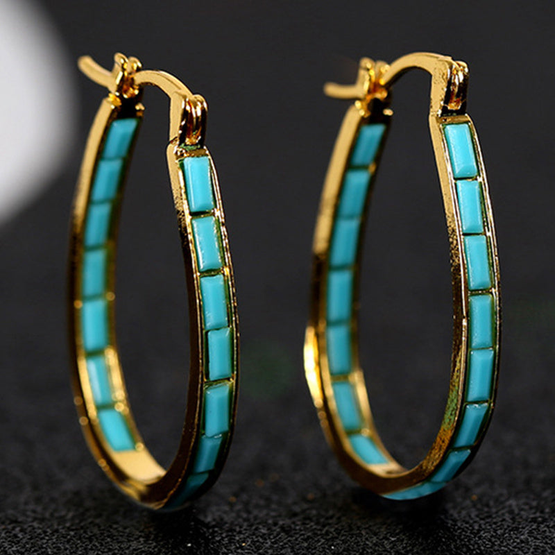 Segmented Turquoise Hoop Earrings in Gold Tone for Women