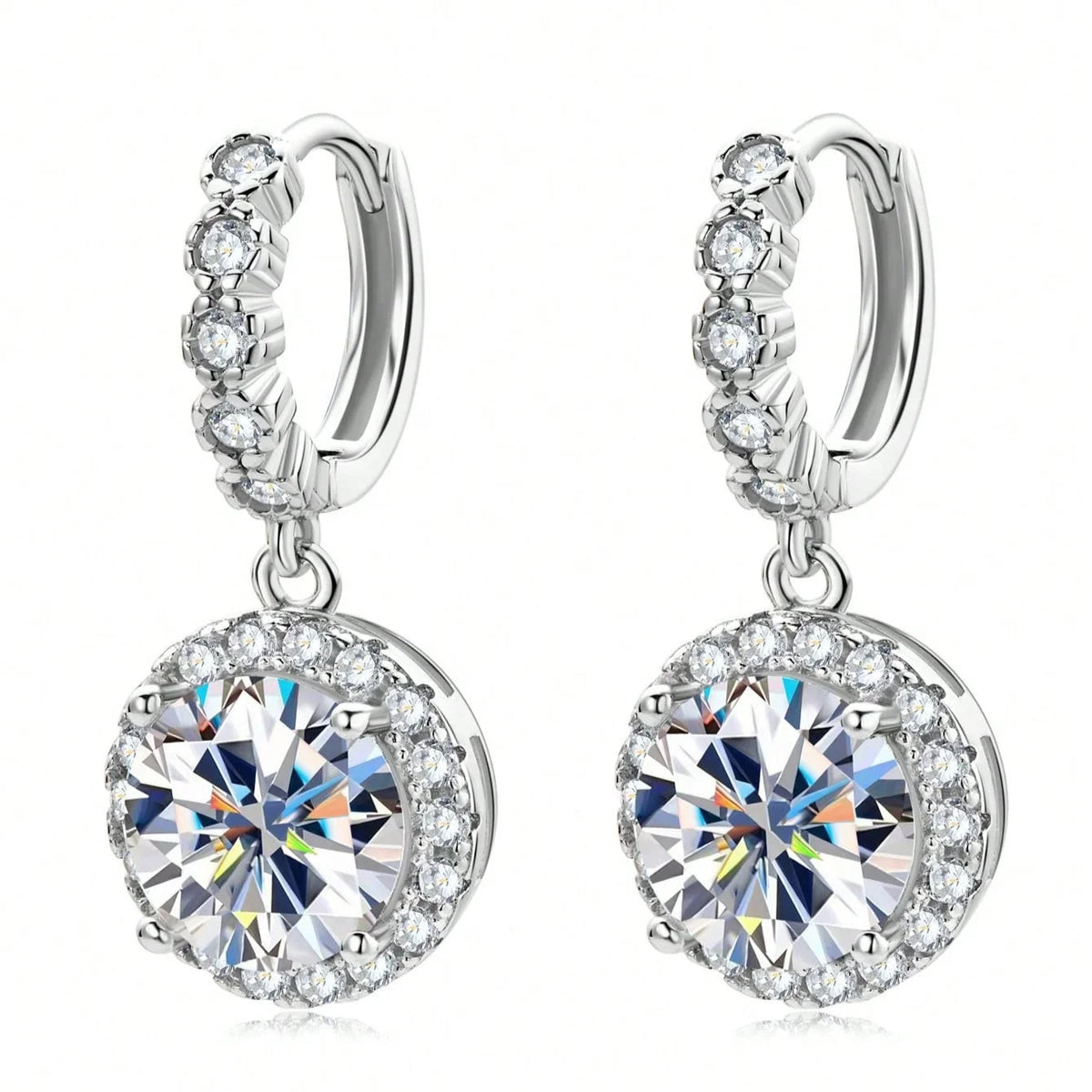 Round Moissanite Drop Earrings with Halo Setting and Leverback Closure — view 5
