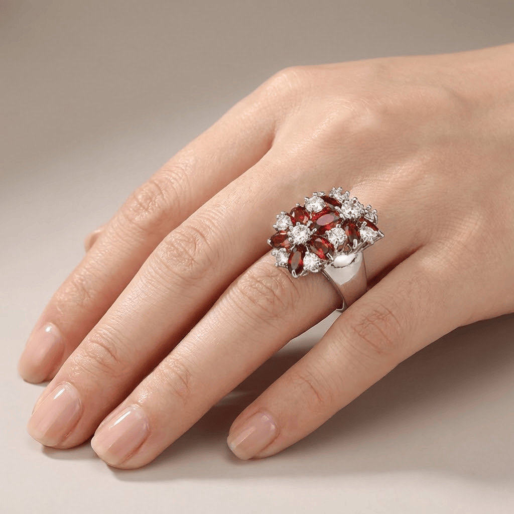 Garnet Flower Cluster Ring with Clear Accent Stones in Sterling Silver