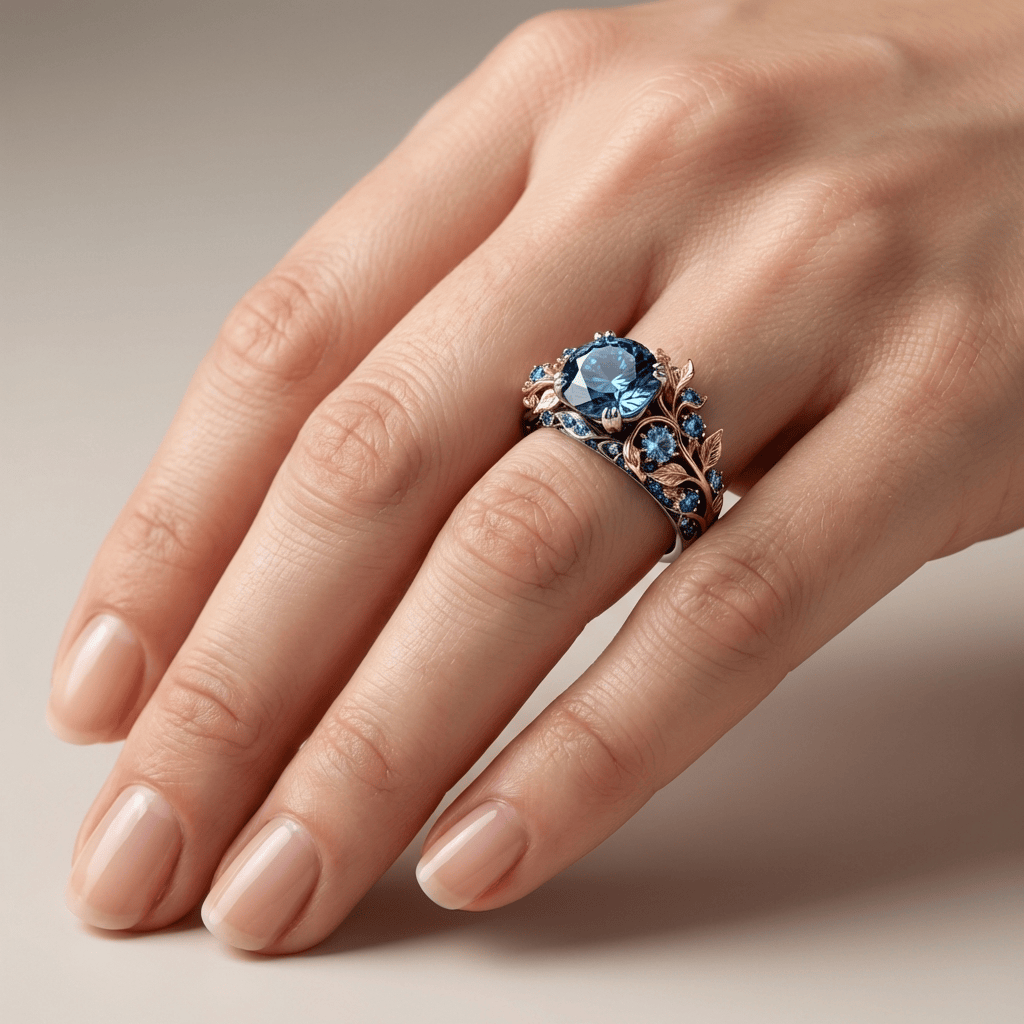 Vintage Blue Topaz Cocktail Ring with Leaf and Vine Detail