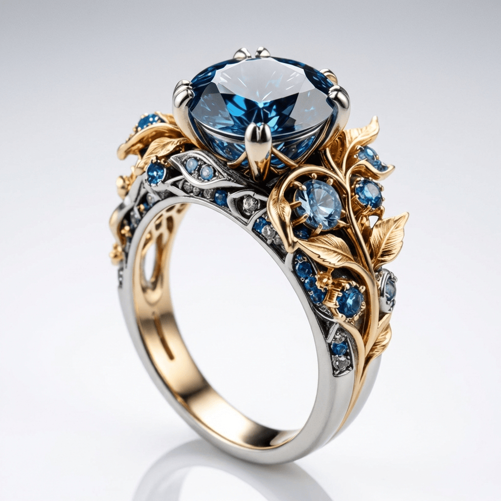 Vintage Blue Topaz Cocktail Ring with Leaf and Vine Detail