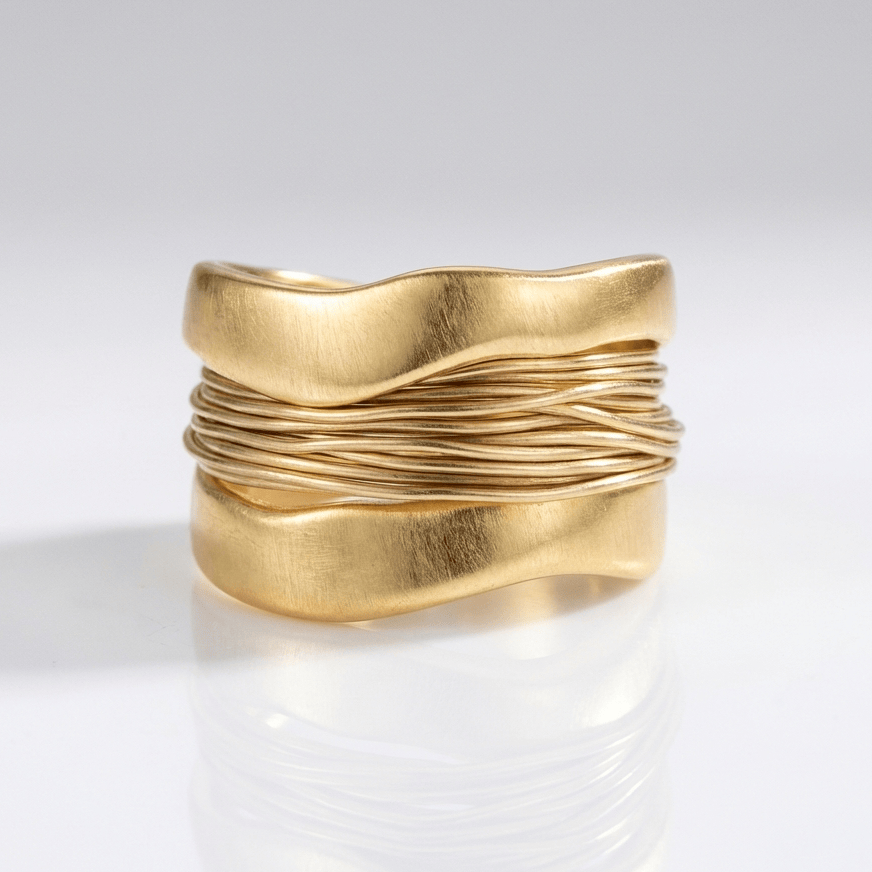 Wavy Wire-Wrap Ring with Wide Textured Band, Silver and Gold Tone