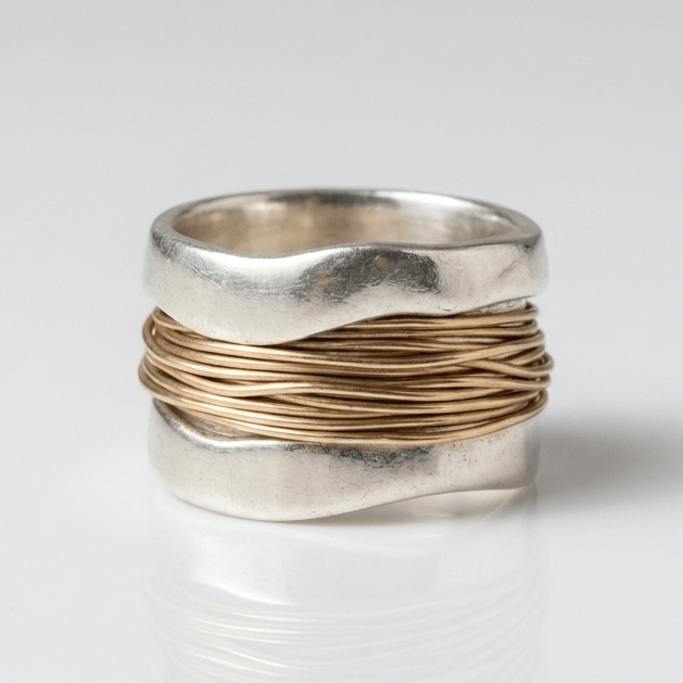 Wavy Wire-Wrap Ring with Wide Textured Band, Silver and Gold Tone