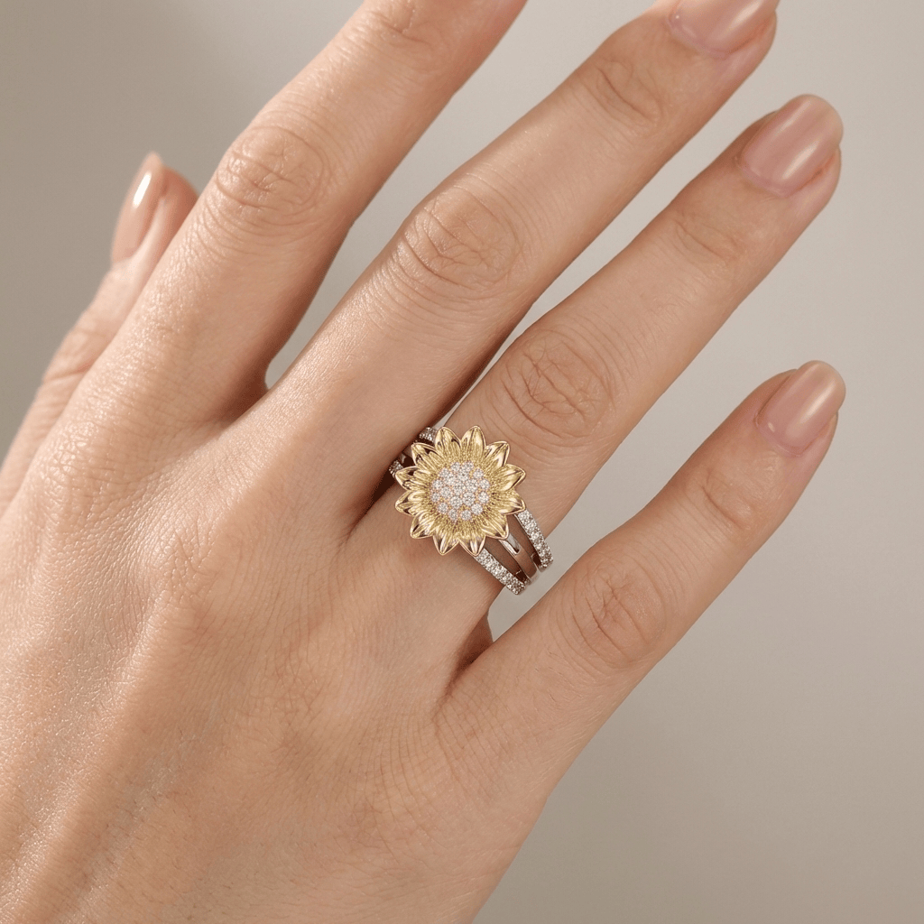 Sunflower Pavé Cocktail Ring with Two-Tone Split Shank