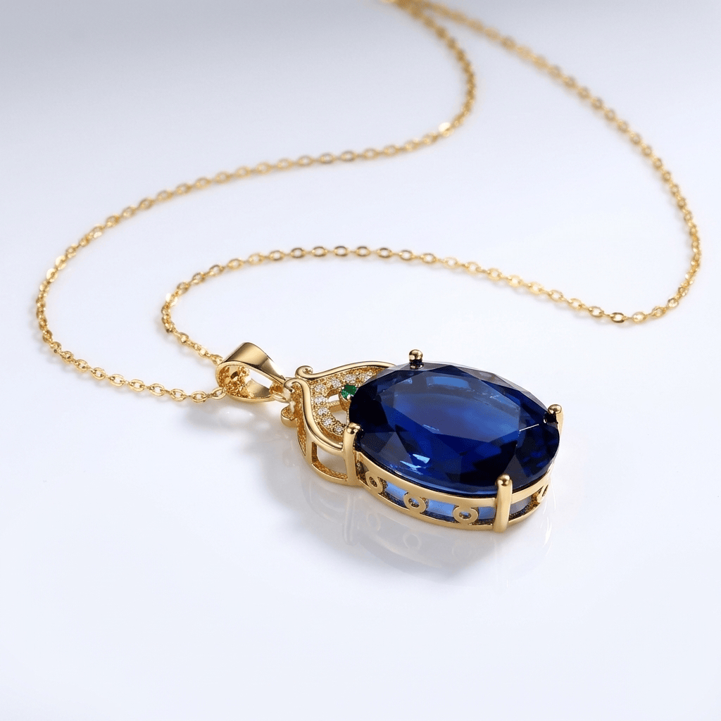 Oval Blue Topaz Pendant Necklace with Gold-Tone Cable Chain