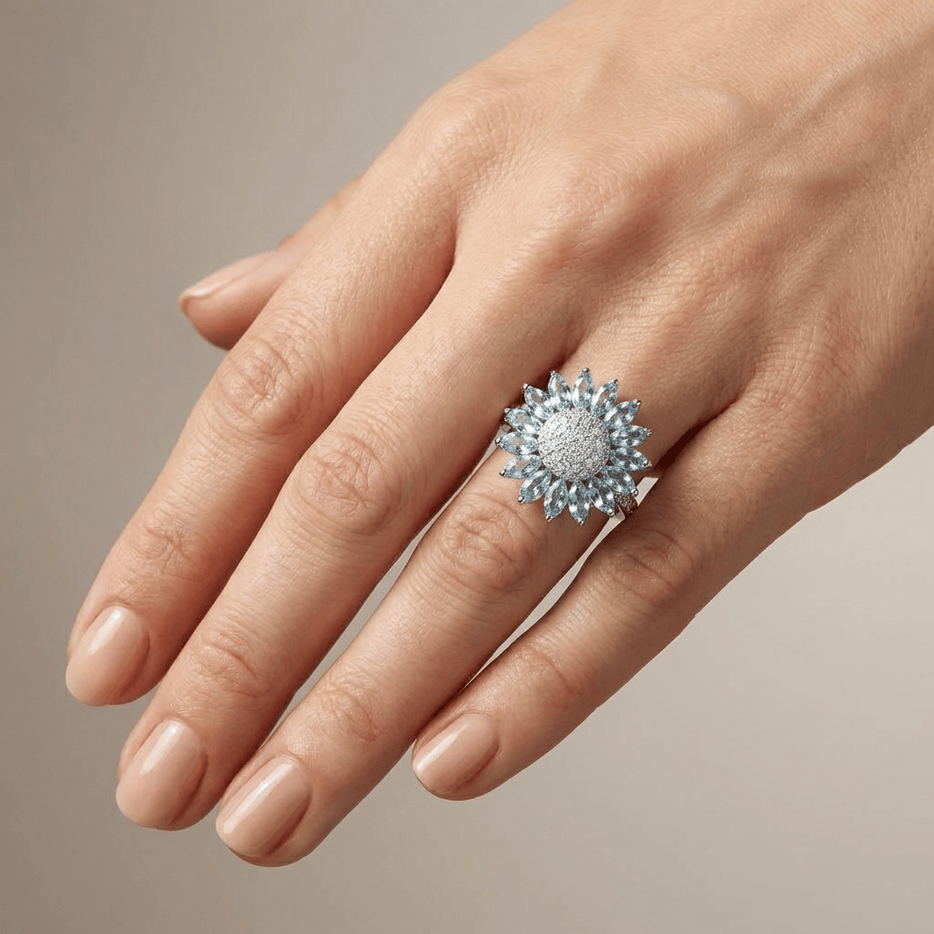 Flower-Shaped Blue Topaz Ring with Pavé Center, Silver-Tone