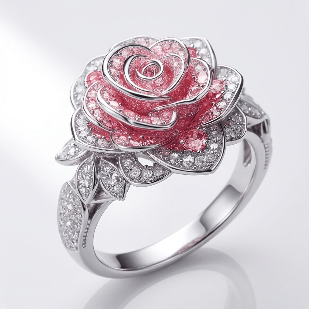 Rose Flower Zircon Statement Ring with Silver-Tone Finish