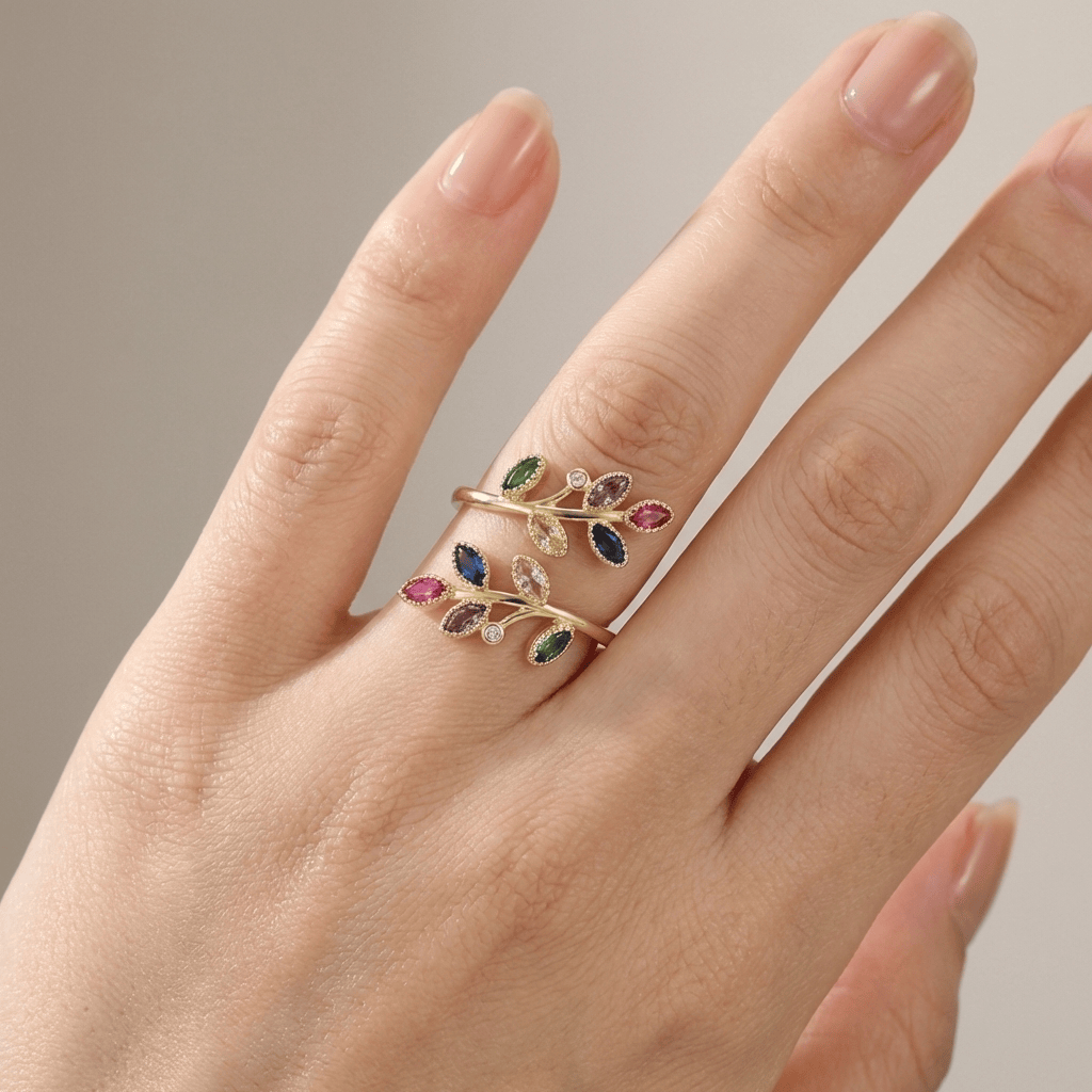 Leaf Branch Wrap Ring with Multicolor Faceted Stones and Beaded Detail