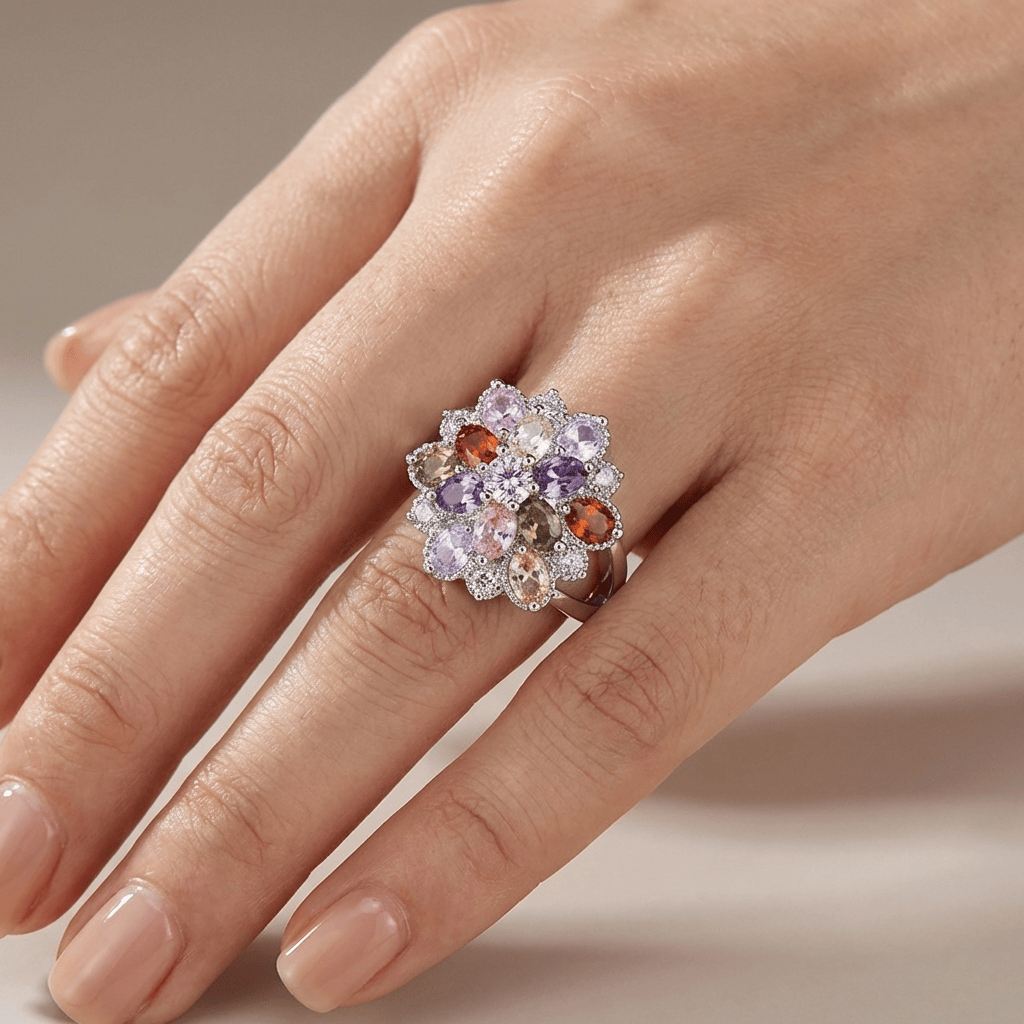 Rainbow Gemstone Cluster Cocktail Ring, Silver-Tone Split Band