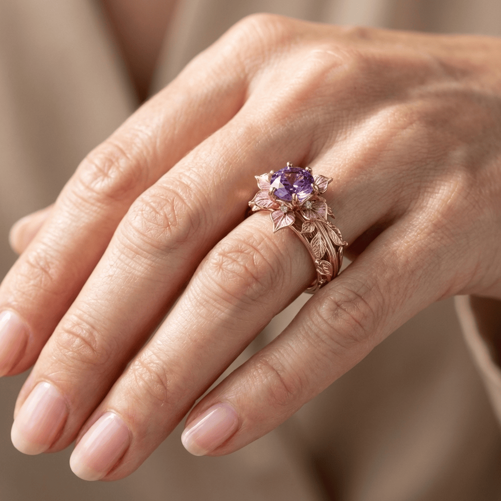 Vintage Flower Cluster Purple Stone Ring with Engraved Leaf Band