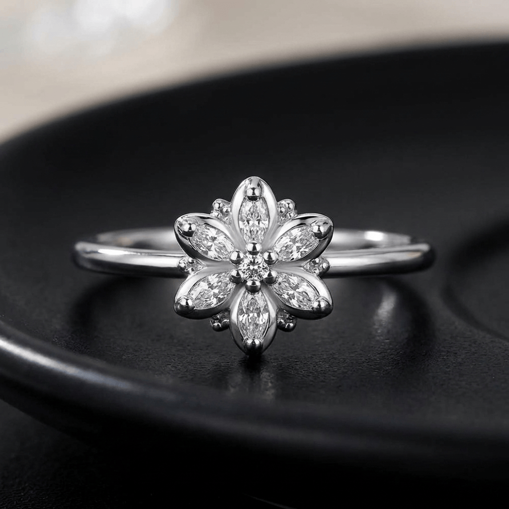 Six-Petal Flower Ring with Marquise and Round Cubic Zirconia Stones