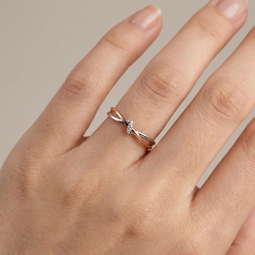 Crossover Twist Ring with Crystal Accent in Rose Gold and Silver Tone