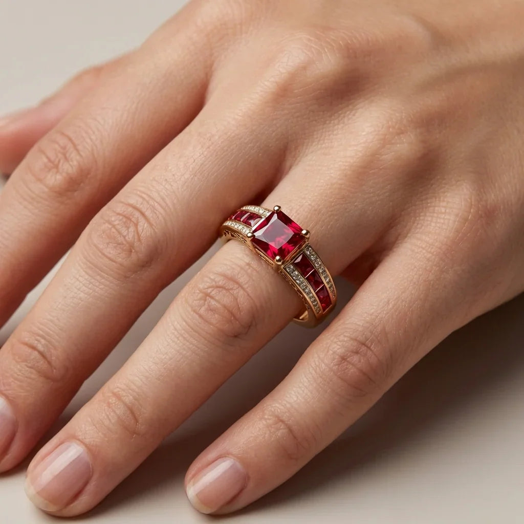 Square-Cut Ruby Statement Ring with Textured Gold-Tone Band