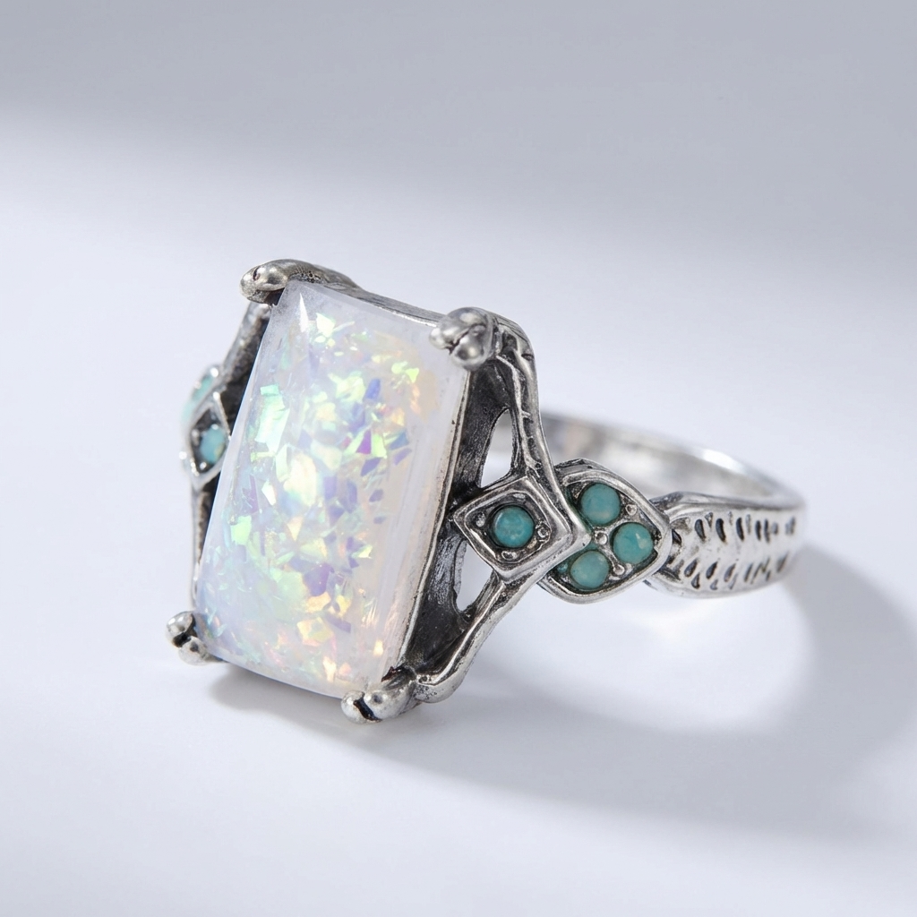 Rectangular Opal Ring with Turquoise Accents and Antique Silver Finish