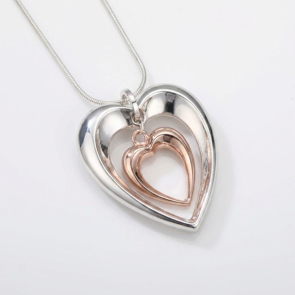 Three-Layer Heart Pendant Necklace in Silver and Rose Gold Tone