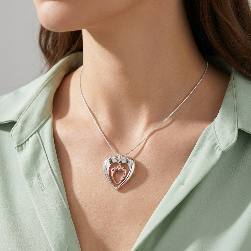 Three-Layer Heart Pendant Necklace in Silver and Rose Gold Tone