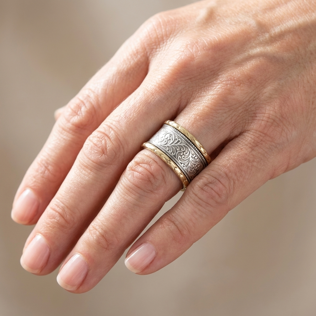 Ornate Filigree Wide Band Ring in Silver and Gold Tone