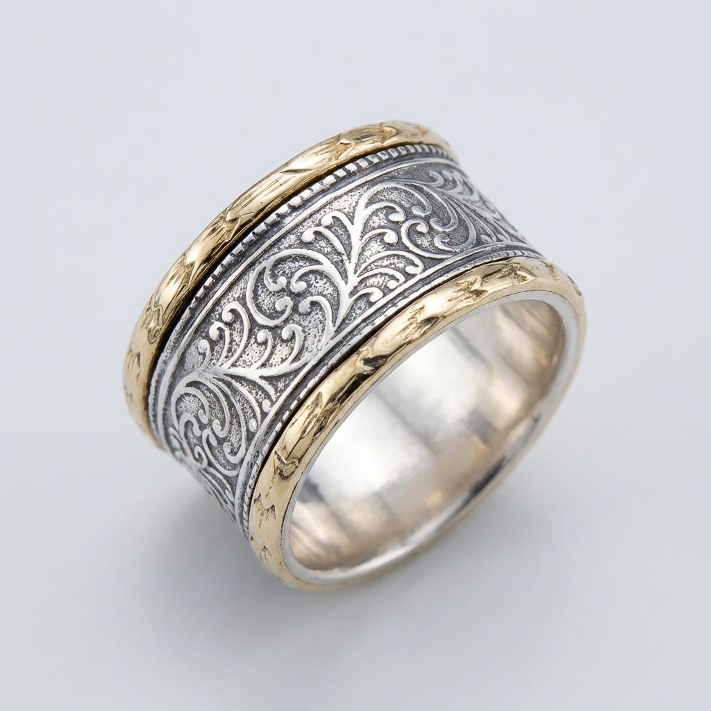 Ornate Filigree Wide Band Ring in Silver and Gold Tone