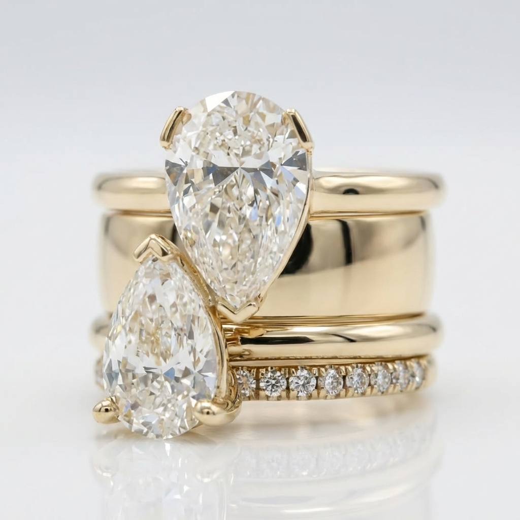 Double Pear-Shaped Zirconia Ring Set in Gold Tone with Pavé Band