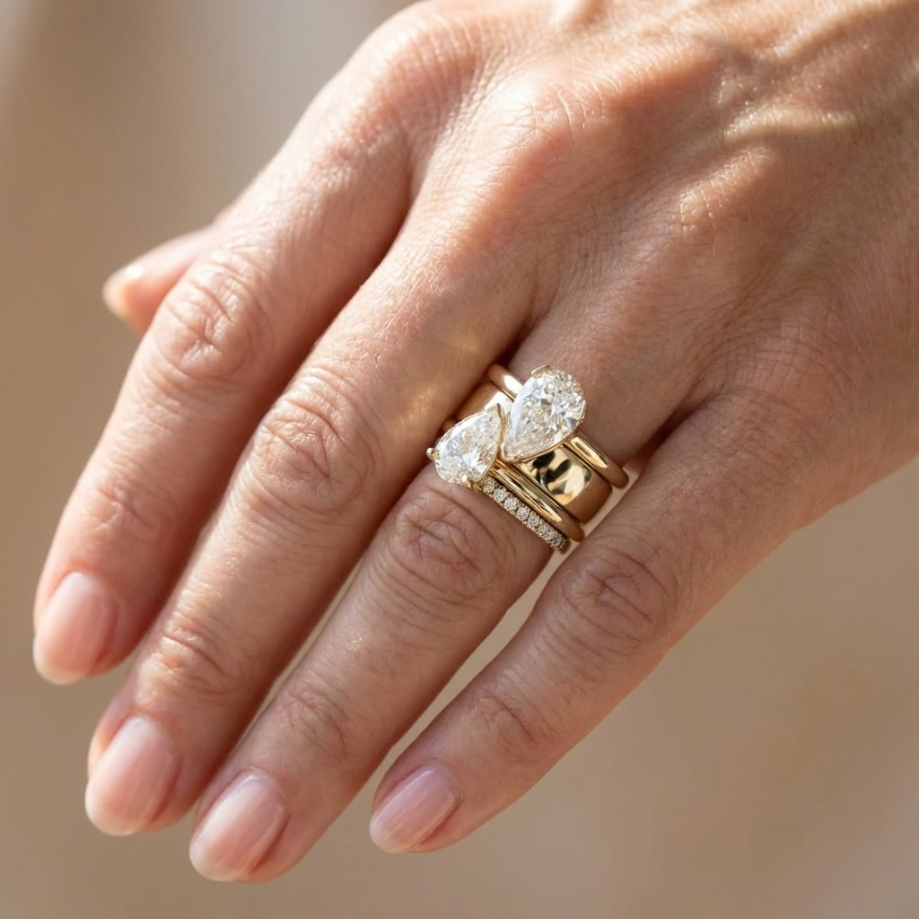 Double Pear-Shaped Zirconia Ring Set in Gold Tone with Pavé Band